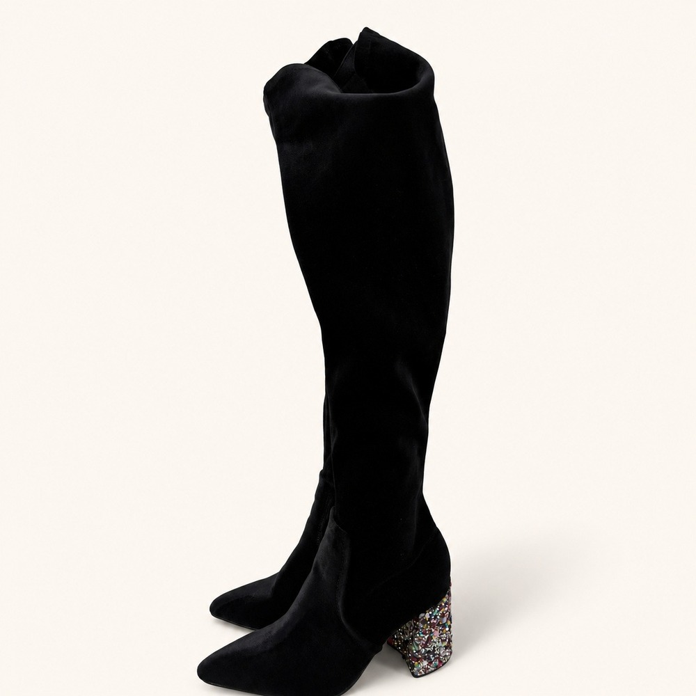 Betsey Johnson 7 Keeva Boots Black Over The Knee Velvet Jeweled Block Heel Party